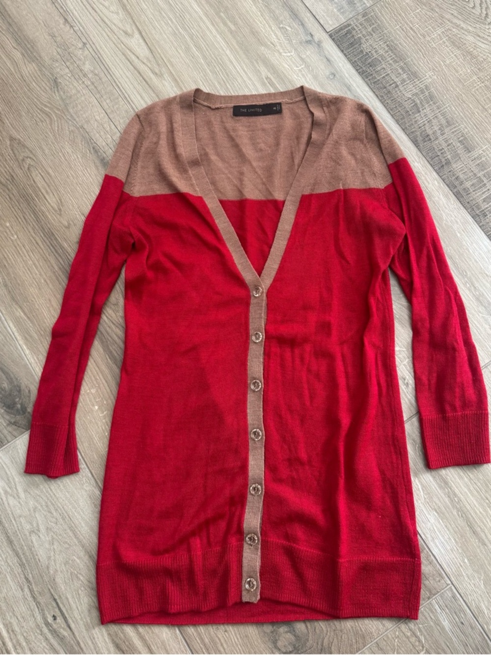 The Limited - Color Block Red and Tan Button-Front V-Neck Cardigan